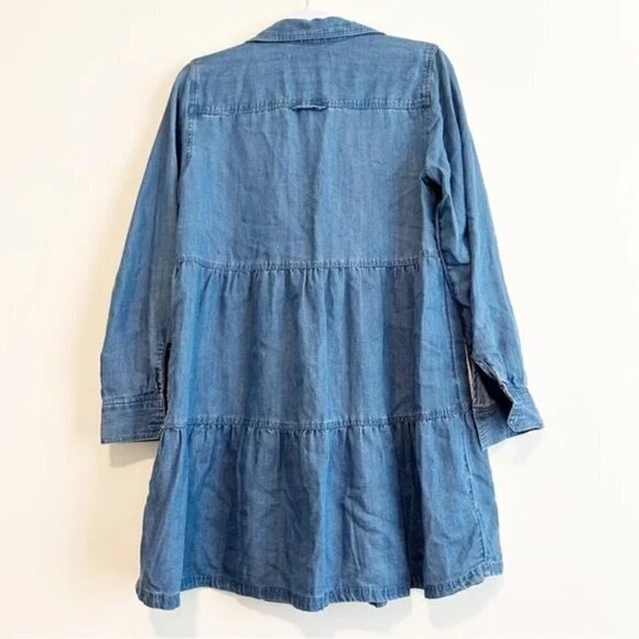 LOFT Denim Shirt Dress Tiered Blue with Pocket Linen Blend Flowy - Picture 2 of 9